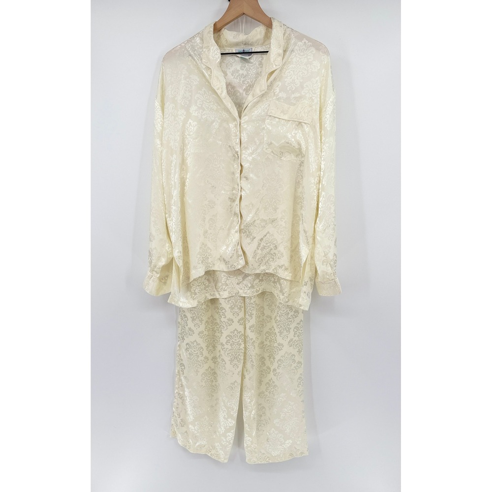 Gracie Bishop Vintage Satin Pajama Set Sz L Damask Sleepwear Bridal Victorian